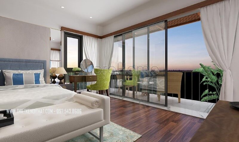 Trang trí nội thất phòng ngủ vợ chồng hiện đại có ban công thông thoáng, đẹp mắt. Thiết kế phòng ngủ biệt thự