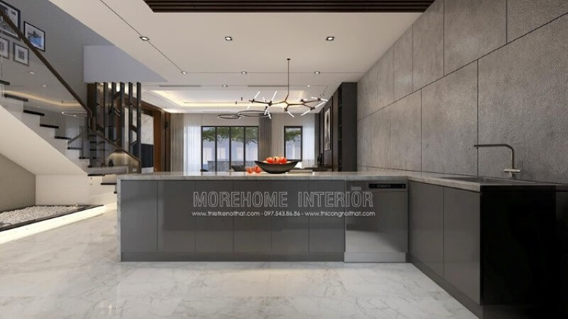 Bố trí nội thất phòng bếp biệt thự hiện đại mới lạ với ý tưởng sử dụng bếp đảo tách rời nhưng vẫn đảm công năng trang trí khi trang bị máy rửa bát, bồn rửa, tủ nhiều ngăn và bề mặt lớn đá nhân tạo có thể giúp bạn trưng bày lượng lớn các món ăn của mình. Thiết kế phòng bếp, tủ bếp đẹp