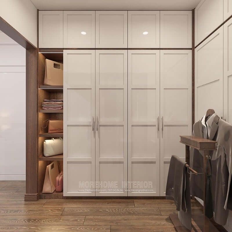 Tủ quần áo hiện đại với thiết kế kịch trần kết hợp ngăn kệ không cánh được ưa chuộng hiện nay