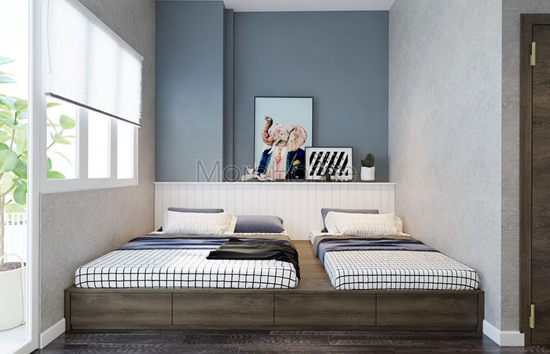 Bức tường không bị thô cứng khi gia chủ lựa chọn mẫu giấy dán tường màu xanh- xám cho phòng ngủ giúp không gian nhẹ nhàng thoải mái hơn.