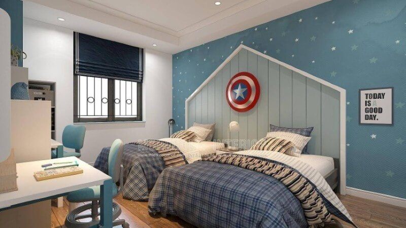 Thiết kế nội thất phòng ngủ dành cho con trai tựa như một hành tinh nhỏ giữa các chòm sao trong dải ngân hà, hình ảnh ngôi nhà cùng biểu tượng khiên nổi tiếng thể hiện dấu mốc rõ ràng của một siêu anh hùng luôn chống lại cái ác.