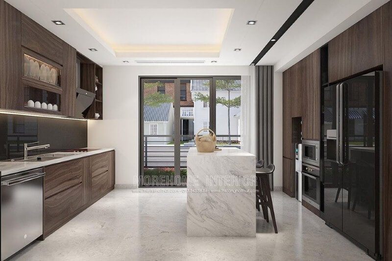 Bố trí phòng bếp đảo đẹp từ nội thất gỗ công nghiệp An Cường cao cấp.