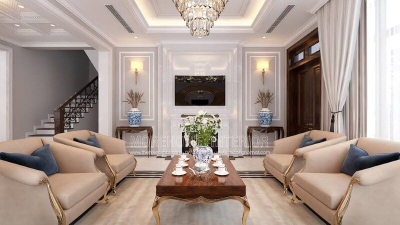 Bố trí nội thất phòng khách tân cổ điển đẹp, sang trọng tại Palm Garden.