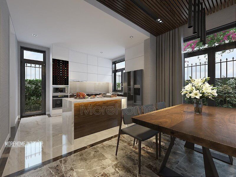 Bố trí nội thất phòng bếp đảo hiện đại, đẹp vừa thông thoáng vừa tách biệt nhưng gần gũi với ánh sáng tự nhiên.