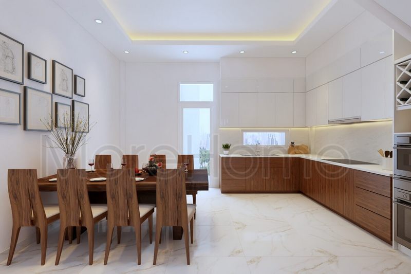 Thiết kế nội thất phòng bếp với bộ bàn ăn gỗ nguyên tấm, ghế bọc sofa đẹphiện đại