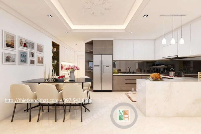 Bộ bàn ghế ăn hiện đại, phần mặt bàn kiến trúc sư lựa chọn chất liệu kính cường lực tạo nên sự chắc chắn, bền vững và nét đẹp hiện đại cho không gian dùng bữa của gia chủ