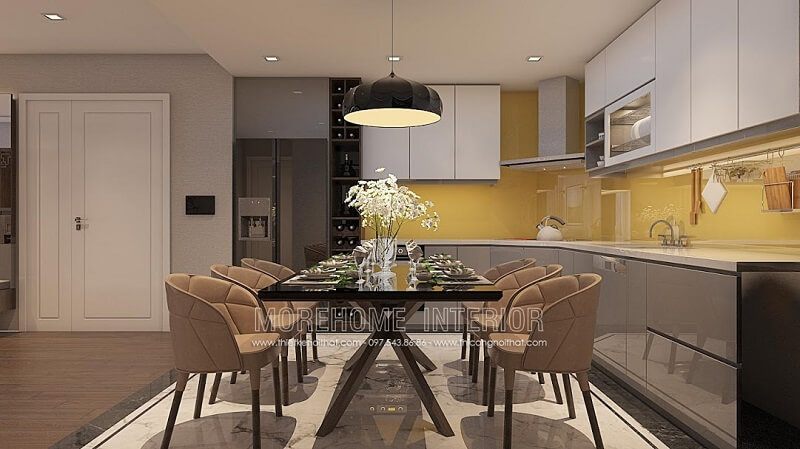 Bộ bàn ăn sang trọng tạo điểm nhấn nổi bật cho không gian căn phòng