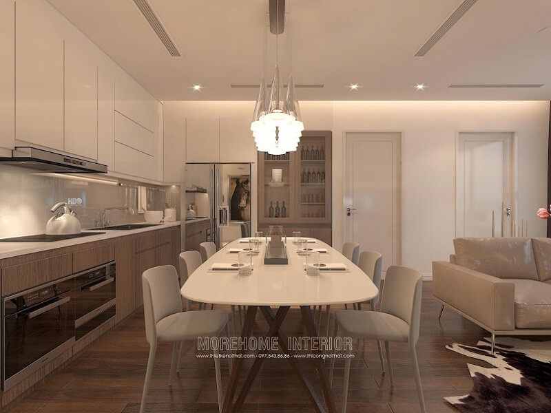 Mẫu bàn ăn hiện đại màu trắng trẻ trung kết hợp với 6 ghế ăn bọc da sang chẳng mang đến không gian phòng ăn ấn tượng cho gia chủ