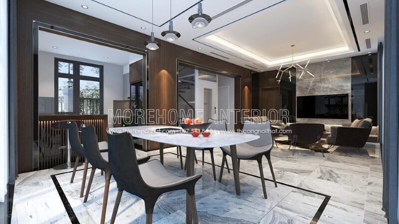 Không gian ăn uống luôn thoáng mát và sạch sẽ, bộ bàn ăn hiện đại chất liệu gỗ tự nhiên nhập khẩu phun sơn cao cấp, phần mặt bàn ăn ốp đá nhân tạo vân mây cao đầy ấn tượng