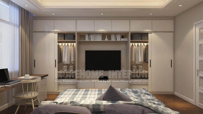 Sự kết hợp hoàn hảo giữa tủ áo và kệ tivi, tinh tế và không nhàm chán, cánh cửa lùa phù hợp với phòng ngủ chung cư, làm cho không gian phòng ngủ thoáng và cảm giác rộng hơn rất nhiều