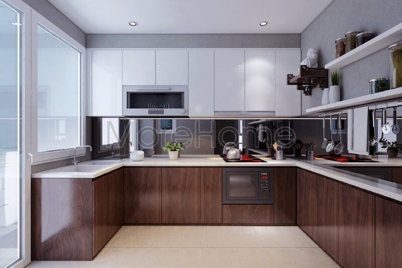 . Mẫu tủ bếp hiện đại được chia thành nhiều ngăn hợp lí, giúp gia chủ có thể phân loại và lưu trữ các vật dụng nấu nướng hay đồ khô dễ dàng hơn.